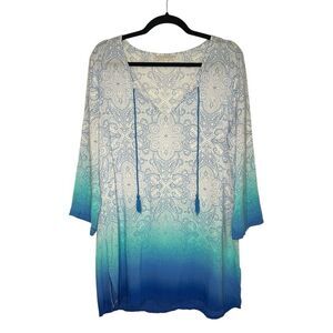 La Blanca Women’s OS Tunic Blouse Blue Ombré Boho Tasseled Swim Coverup